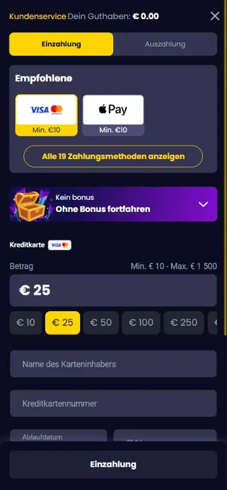 Euro-Einzahlung für Big Bass Bonanza in der App