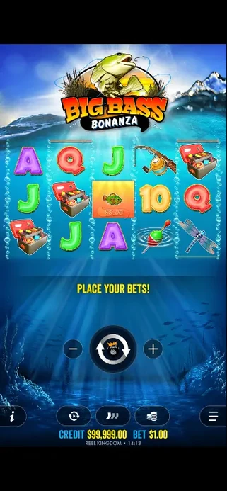 Basisspiel von Big Bass Bonanza mit 5 Walzen im Hochformat